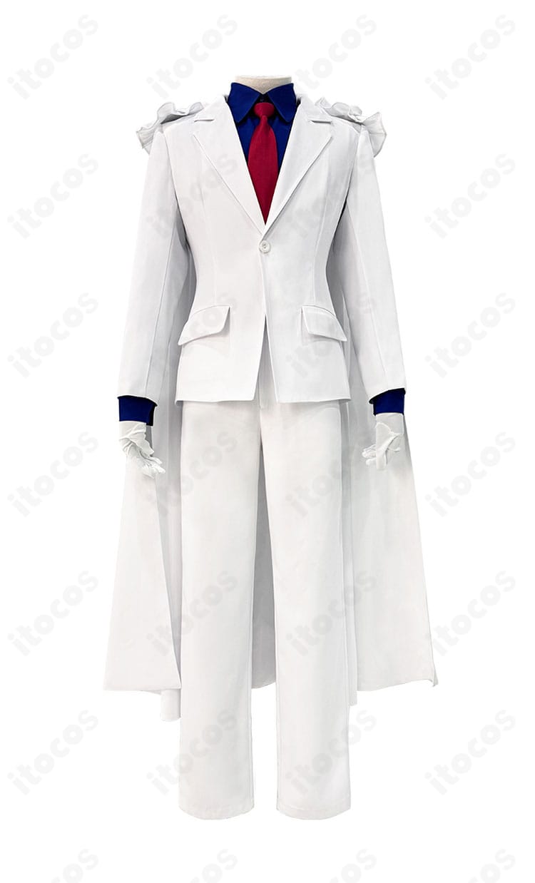 名探偵コナン 怪盗キッドのコスプレ衣装 正面図。マント・コート・シャツ・ズボン・ネクタイの構成が分かる写真