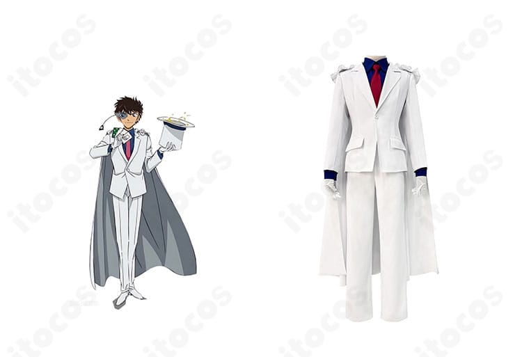 名探偵コナン 怪盗キッド（黒羽快斗）コスプレ衣装の正面全体とキャラクタービジュアルを並置した紹介画像