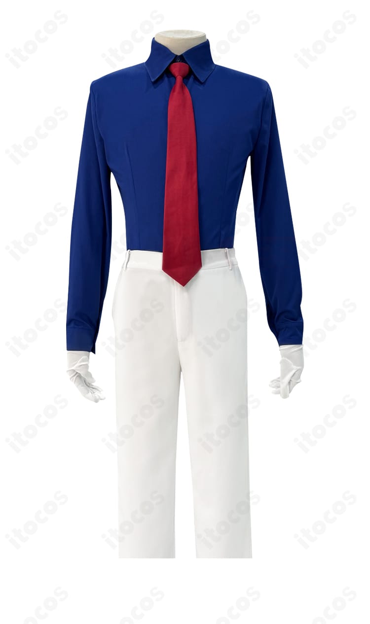 怪盗キッド衣装 シャツ正面ディテール。襟元と前立て、ネクタイ周りのフォーマル感を示すクローズアップ