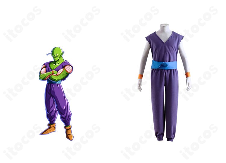 ドラゴンボールのピッコロを再現したコスプレ衣装とキャラクターのコラボイメージ。武道着の配色と装飾がわかる全体図。