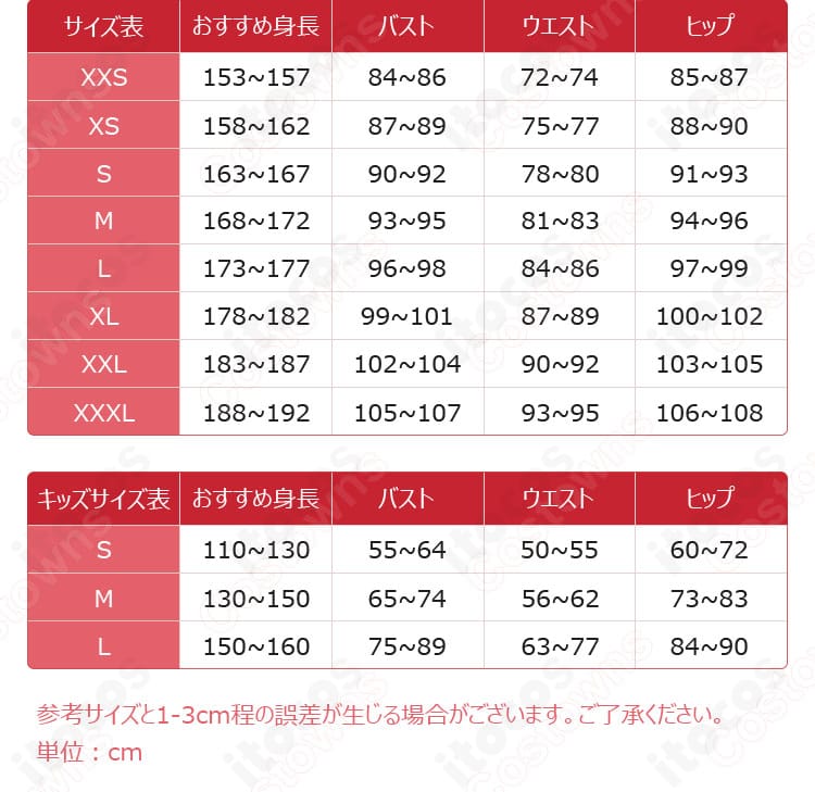 ピッコロ コスプレ衣装のサイズガイド。XXS〜XXXLまでの寸法目安とフィット感の選び方を示す案内図。