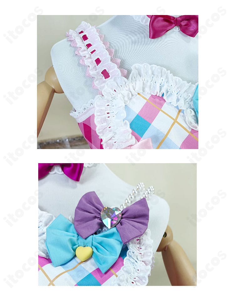 虹野ゆめ ドレス衣装の肩部装飾アップ。刺繍と装飾パーツの質感を強調したクローズアップ。