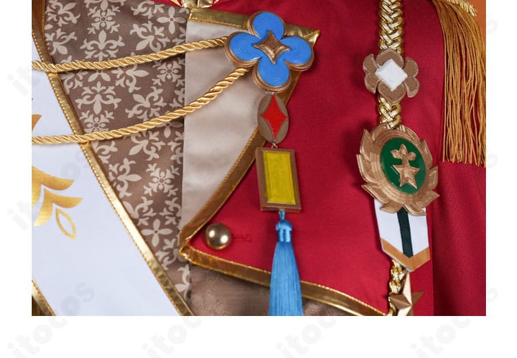 胸元の飾りアップ。胸飾りの形状と取り付け位置、コートの打ち合わせラインを強調。