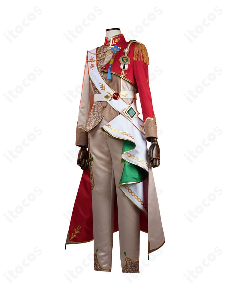 三毛縞斑コスプレ衣装の側面。肩〜袖の可動域とサイドシルエット、ベルト位置のバランスを示す。