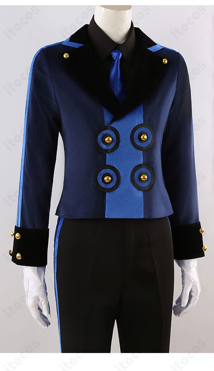 ベルベットルーム衣装の装飾ディテール。ボタンと縁取りの質感が分かる近接