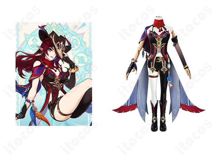 原神 チャスカの公式ビジュアル風と衣装正面の比較構図。全体シルエットと配色が伝わる画像