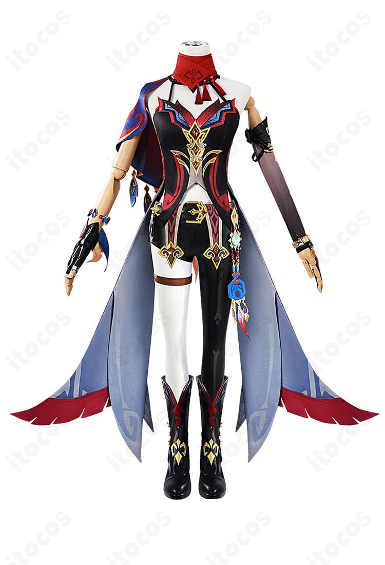 チャスカ コスプレ衣装の正面全景。トップスとショートパンツ、披肩のラインと装飾を鮮明に表示