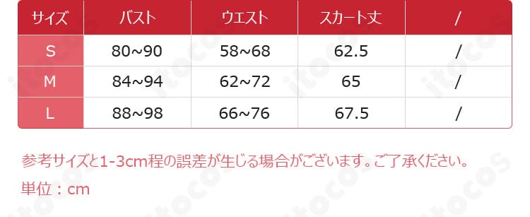 レム コスプレ衣装 サイズ表記と寸法ガイド。S・M・Lの採寸ポイントを示す。