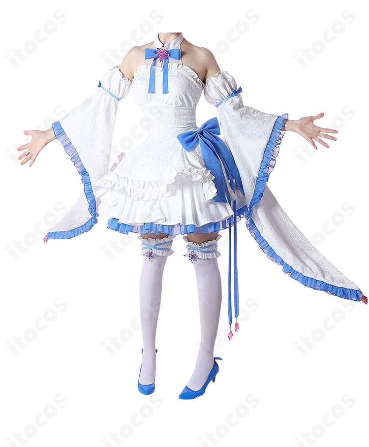 Re:ゼロ レムのグラスエディション コスプレ衣装 正面全体。ウエストリボンと胸元ラインが美しく映える。