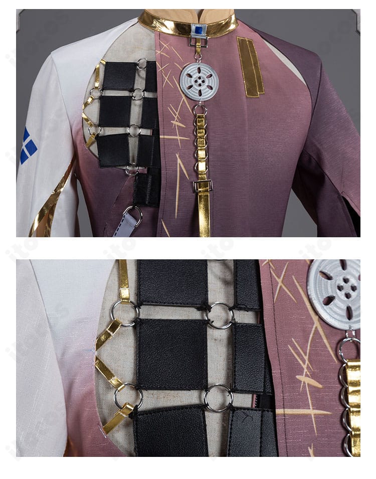 ジー衣装の胸元装飾の拡大。金具とパネル配置が分かるディテール写真