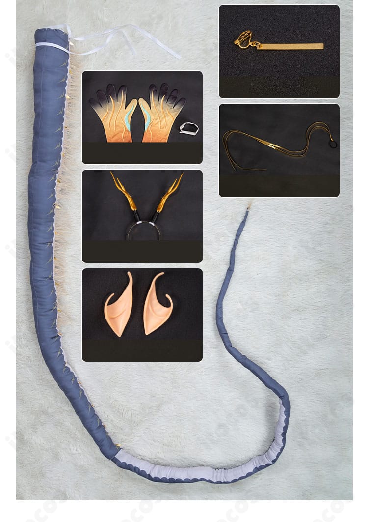 ジー衣装の尻尾とアクセサリー一式。質感と色味の近接ディテール