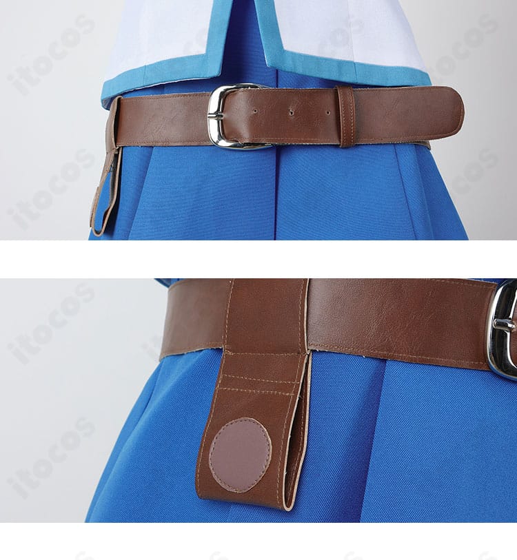 ウエストベルト装飾のアップ。バックルとベルト幅、位置関係を示したエレガントなデザイン