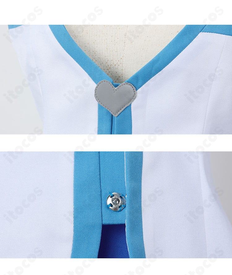 ハート形の襟飾りと門襟風ボタンディテール。近接で意匠と縫製の整いを示す写真