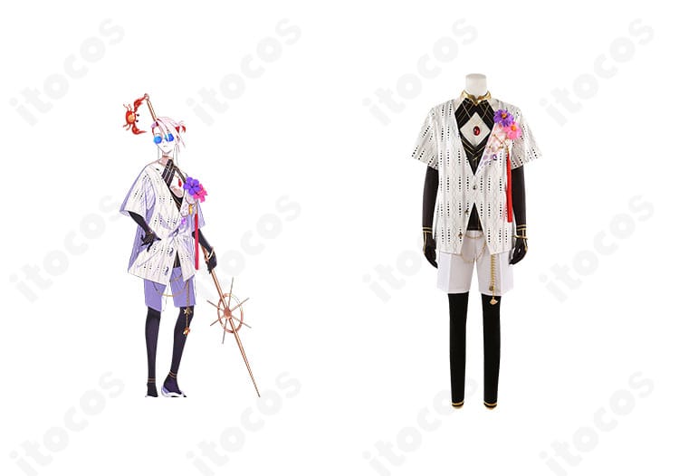 カルナの夏コーデ コスプレ衣装を正面から撮影。キャラクターの雰囲気を再現したコートとインナーのシルエットが分かる全体像