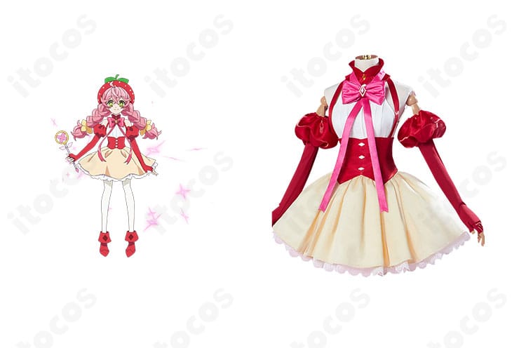 アクロトリップのベリーブロッサム衣装・正面全体。魔法少女らしい可憐なシルエットと配色を再現し、帽子・髪飾り・靴下まで揃ったフルセット。