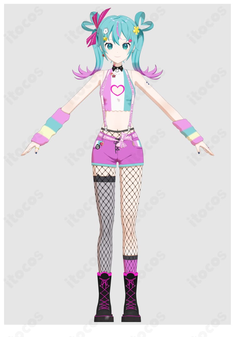 初音ミク『あいたい星人』コスプレ衣装の全身画像。トップス・ショートパンツ・サスペンダー・網タイツ・アームカバーを着用し、ポップでカラフルな配色がイベント向けに映える様子。