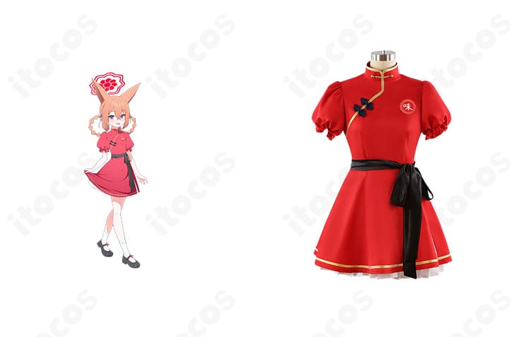 朱城ルミ 幼女バージョンのコスプレ衣装正面とキャラクターを並置した画像（ブルーアーカイブ）