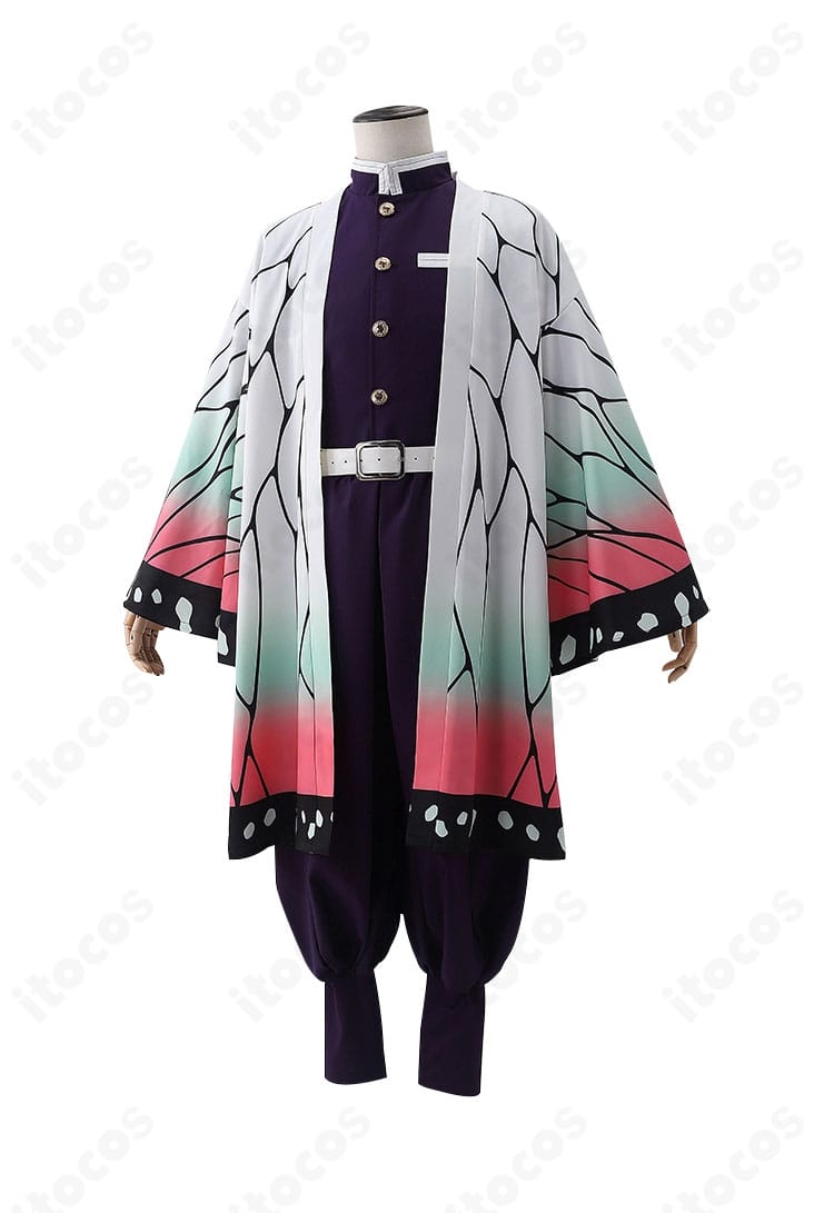 商品正面カット。胡蝶しのぶの隊服コスプレ衣装を真正面から撮影し、羽織の柄と刺繍入り装飾、サイズ感を確認できる画像