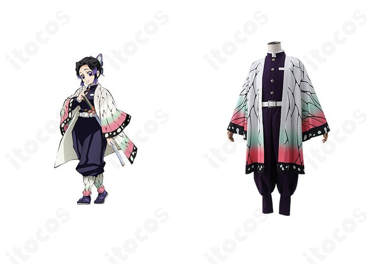 商品正面と胡蝶しのぶ（蟲柱）を併置したイメージ。蝶柄羽織と隊服のシルエット、刺繍ディテールが分かる鬼滅の刃コスプレ衣装の全体像