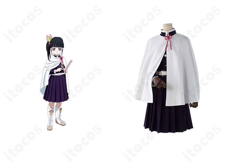 鬼滅の刃 栗花落カナヲ コスプレ衣装の正面とキャラクター比較。白マントと赤い紐飾りを含む高再現デザイン。