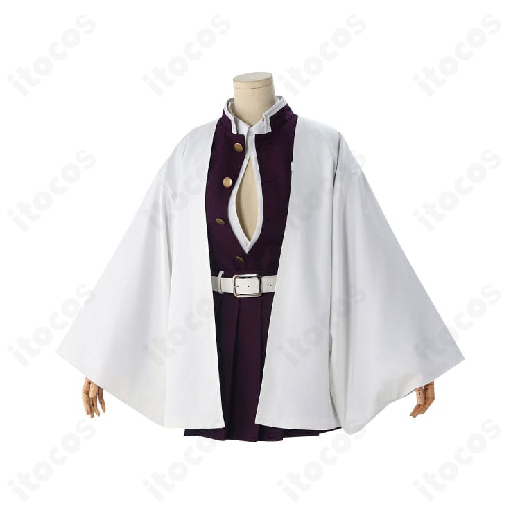 鬼滅の刃 甘露寺蜜璃 隊服コスプレの正面全身写真。胸元のカッティングとプリーツスカートを原作寄りに再現した高再現モデル。