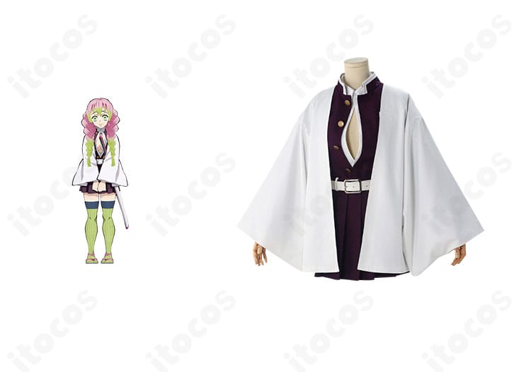 鬼滅の刃 甘露寺蜜璃の隊服コスプレ一式。キャラクター立ち絵との組み合わせで全体シルエットと色味を比較できる正面イメージ。