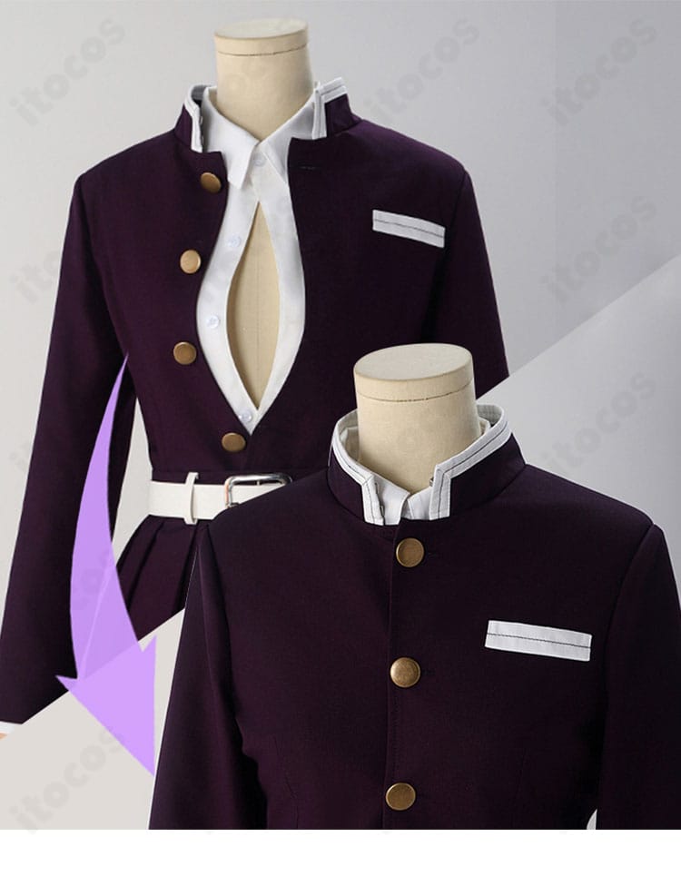 甘露寺蜜璃 隊服コスプレの襟・前合わせ周辺ディテール。襟元のラインと留めの意匠を強調したクローズアップ。