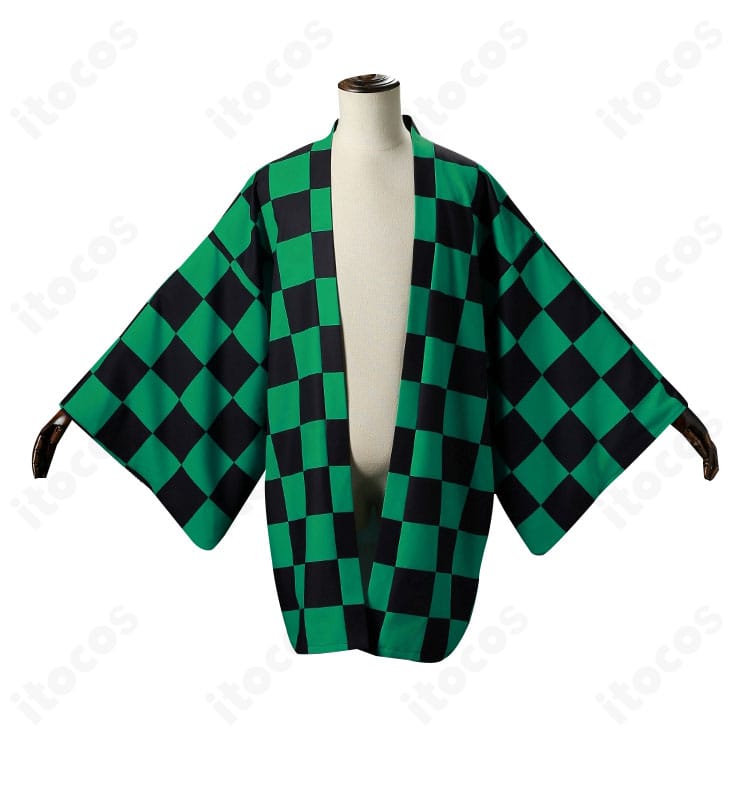 鬼滅の刃 竈門炭治郎 コスプレ衣装の外套（羽織）装飾。襟元と袖口の形状、市松模様の発色を示すディテール画像です。