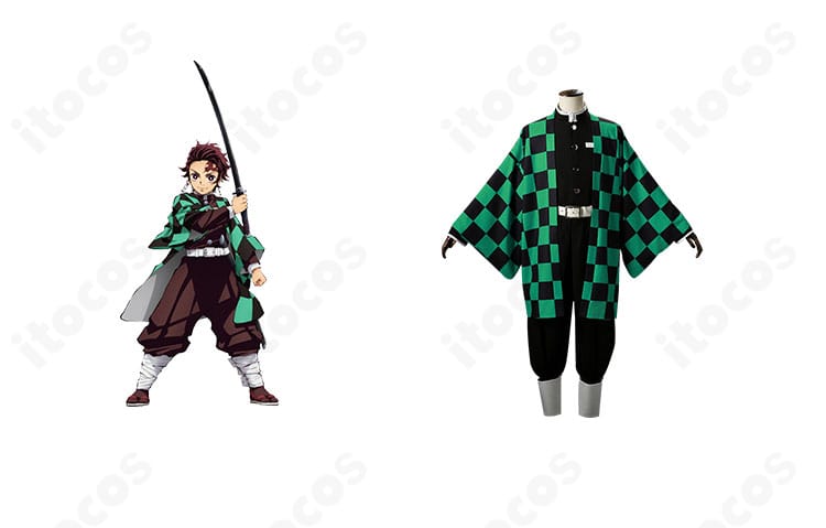 鬼滅の刃 竈門炭治郎の隊服コスプレ衣装を正面から。市松模様の羽織とキャラクター画像で再現度を示す構図です。