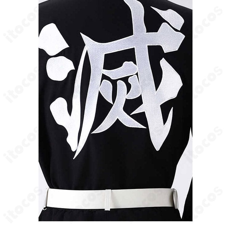 時透無一郎コスプレ衣装の背面ディテール。刺繍の立体感と生地のフィット感を強調した後ろ姿の拡大画像。