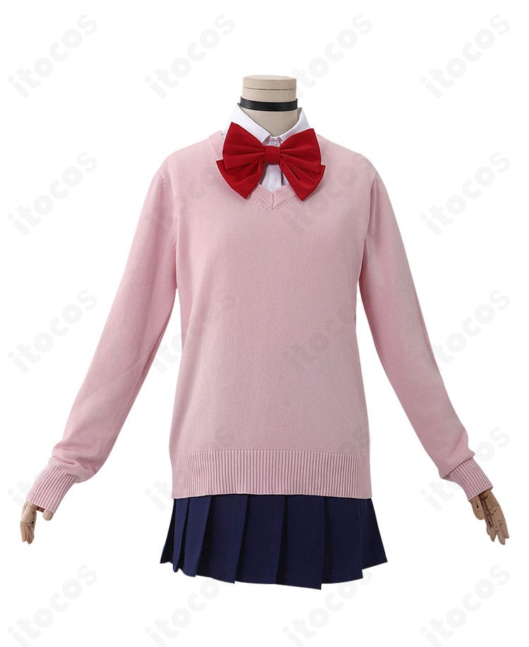 ダンダダン 綾瀬桃のコスプレ衣装・正面全体。シャツ＋セーター＋プリーツスカートの学園制服シルエットがわかる写真。