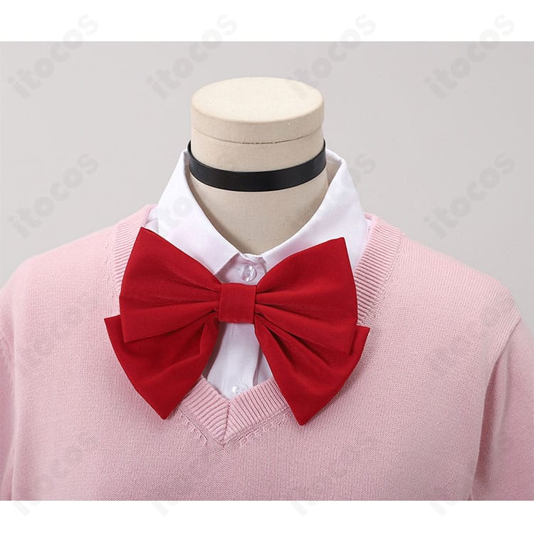 ダンダダン 綾瀬桃 襟元と蝶結びの装飾アップ。結び幅と中心位置、縫製の整いが見えるディテール写真。