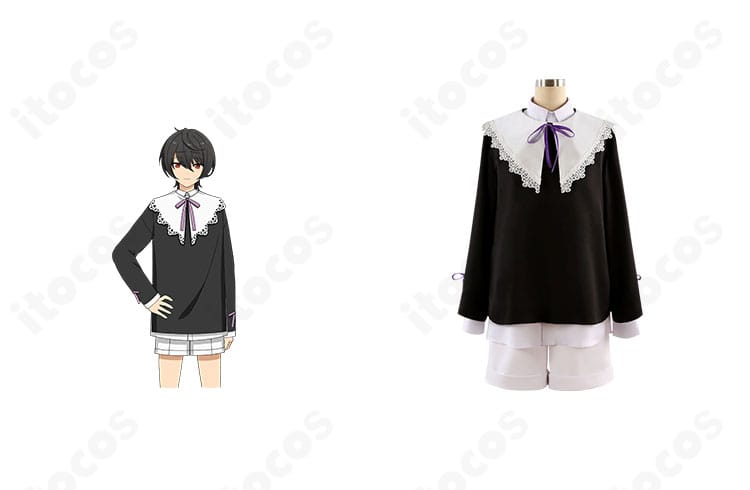 商品正面と朔間凛月の私服（幼少期）コスプレ衣装を並べた画像。高再現のシルエットとオーダーメイド対応を示す1枚。