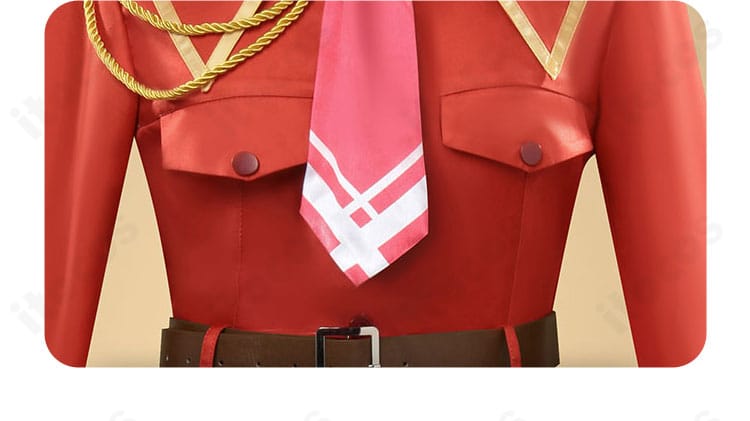 ネクタイのクローズアップ。結び目の形と表面感が分かるジル・サーヴェル衣装の特徴的なアクセント。