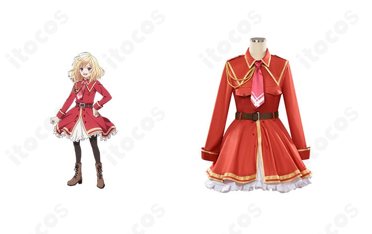 ジル・サーヴェル公式イラストと並べた正面写真。ワンピース・ネクタイ・ベルトの上品なデザイン再現が分かる構図。