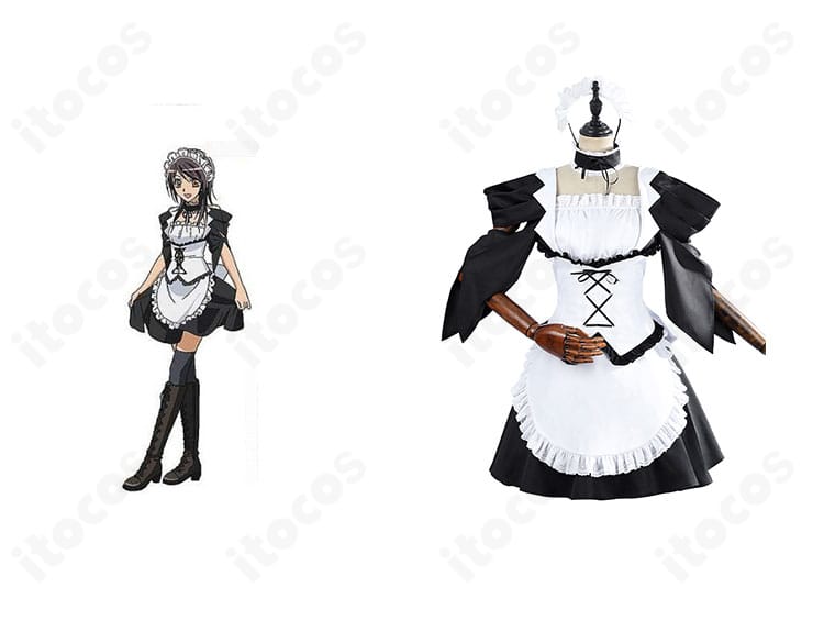 鮎沢美咲のメイド・ラテ制服コスプレ一式を着合わせた例。トップスとワンピース、チョーカー、ヘアピンのトータルコーデ