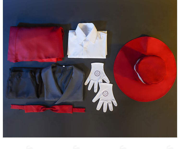 コスプレセット一式の内容紹介。コート・ベスト・シャツ・ズボン・リボン・帽子・手袋が整然と並んだ全体画像。