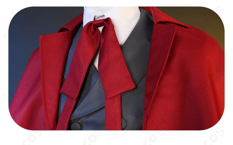 襟元と赤リボンのクローズアップ。アーカード制服の象徴的な胸元デザインを強調した画像。
