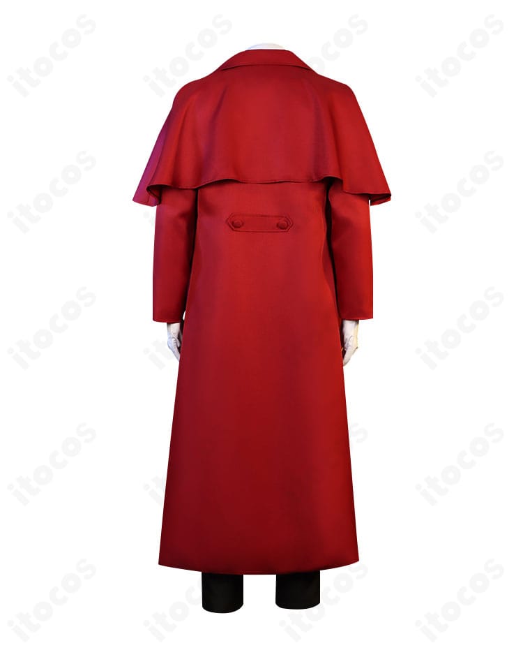 商品背面の詳細。アーカードのロングコート背中のラインと裾の広がりが確認できる背面カット。