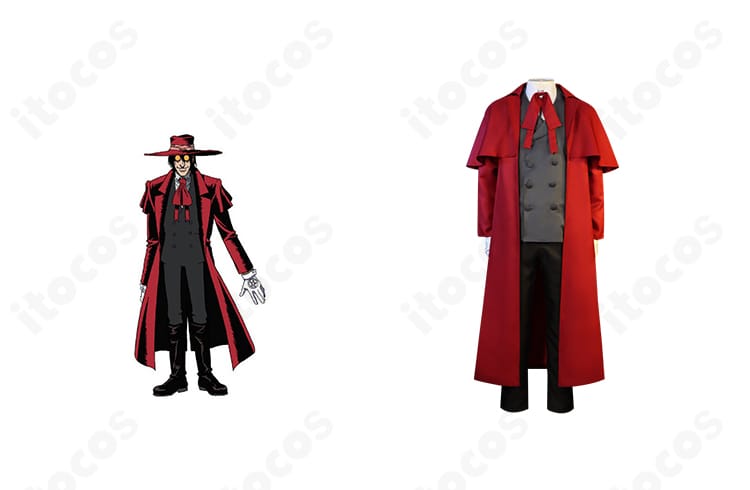 商品正面とアーカードが並ぶイメージ。HELLSING アーカードの制服コスプレ一式とキャラクタービジュアルの比較が分かる画像。