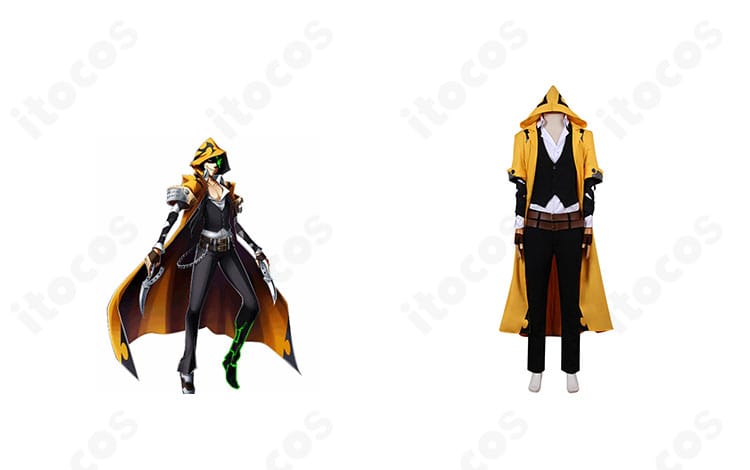 ユウキ＝テルミとコスプレ衣装の正面比較画像。フード付きグリーンロングコートと黒インナーの配色を高再現。