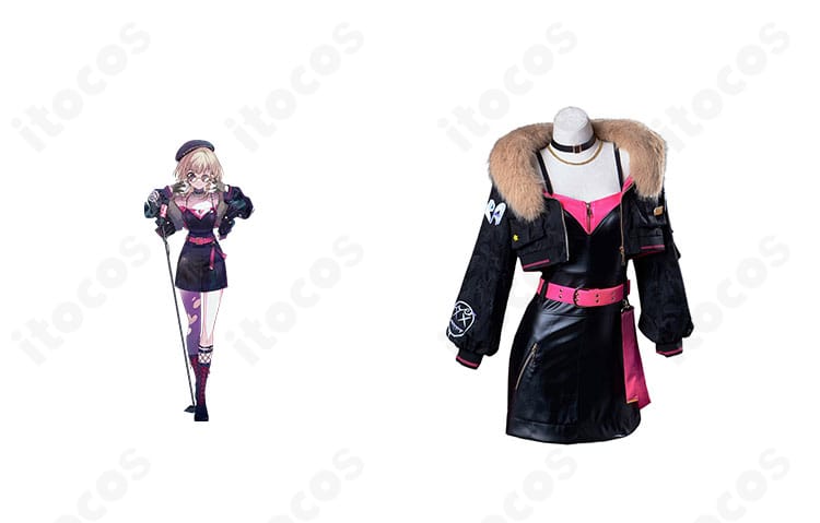 プロセカ Vivid BAD SQUAD × 小豆沢こはね コラボ衣装の全身フロント、コートとワンピの配色と小物一式を着用