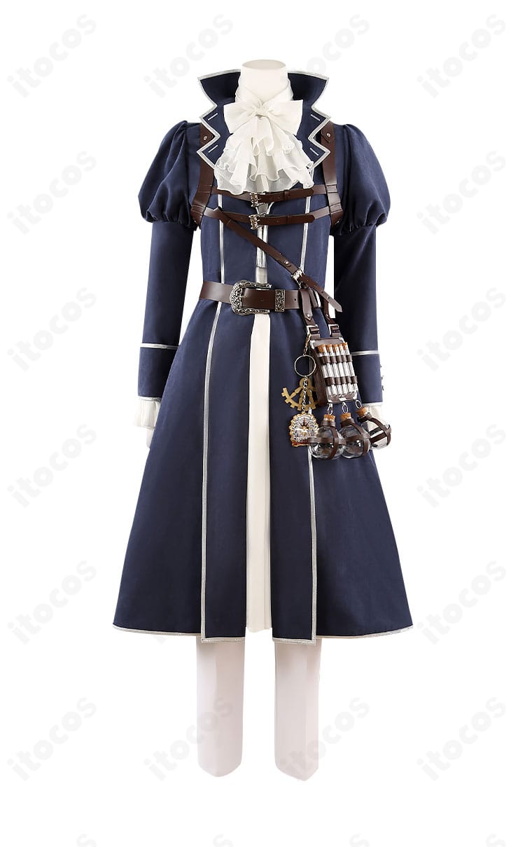 オベロン 英霊博装コスプレ衣装の正面ディテール。コートのボタン配置とスカーフの質感が分かるアップ。