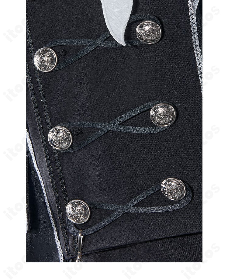 ジョゼフ衣装 門襟装飾の細部。縁のラインと金属調パーツの配置が分かる