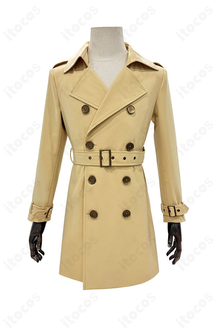 明智吾郎 コスプレ用トレンチコート（冬服）正面。ダブルブレストと襟の形状が分かる高再現ディテール