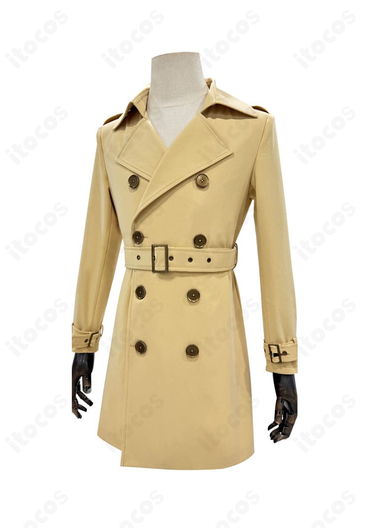 高品質仕立ての明智吾郎 トレンチコート左側面。ウエストラインと裾の落ち感を強調した写真