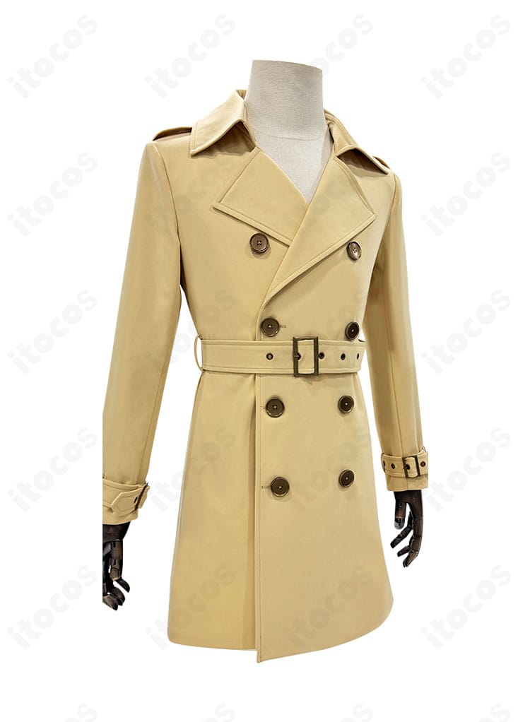 ペルソナ5R 明智吾郎モデル トレンチコート右側面。シルエットと丈感、袖のラインが確認できる画像