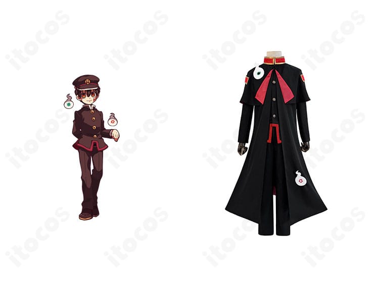 花子くんのキャラクターとコスプレ衣装（上着・ズボン・マント・帽子）の正面カット。全体バランスがわかる画像。