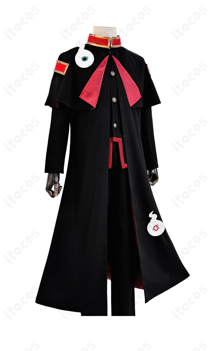 花子くん衣装の右側面ディテール。マントのラインと袖口の仕立てを強調した画像。