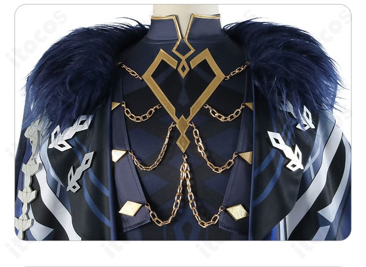 原神 カピターノ衣装の襟元・胸元ディテール。ファー襟と金属風パーツの質感。